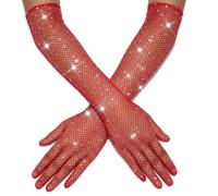 LNQKJXIIA Guantes largos de rejilla con diamantes de imitación, guantes de malla Rave, guantes de fiesta de noche con longitud hasta el codo for mujeres y niñas(Rot)