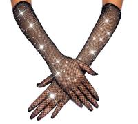 LNQKJXIIA Guantes largos de rejilla con diamantes de imitación, guantes de malla Rave, guantes de fiesta de noche con longitud hasta el codo for mujeres y niñas(Noir)