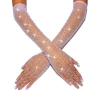 LNQKJXIIA Guantes largos de rejilla con diamantes de imitación, guantes de malla Rave, guantes de fiesta de noche con longitud hasta el codo for mujeres y niñas(Weiß)