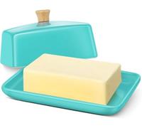 Lnwwrv Bandeja de Mantequilla Europea de cerámica Blanca de 8 Pulgadas, con Tapa, 2 Tiras de Mantequilla para encimera y refrigerador, Recipiente para almacenar Queso Crema,Azul