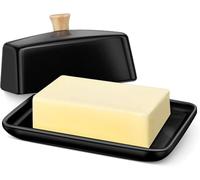 Lnwwrv Bandeja de Mantequilla Europea de cerámica Blanca de 8 Pulgadas, con Tapa, 2 Tiras de Mantequilla para encimera y refrigerador, Recipiente para almacenar Queso Crema,Negro