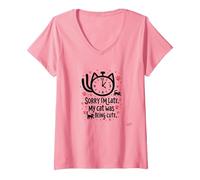 Lo Siento, llego Tarde, mi Gato Estaba Siendo Lindo Camiseta Cuello V, Mujer, Rosado, L