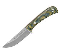 LO TRINCO YO Muela Cuchillo TERRIER-9G hoja de acero 420 Nitro-42 de 9 cm y empuñadura de Micarta yute verde mostaza. Funda piel, para Caza, Pesca, Supervivencia y Bushcraft
