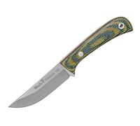 LO TRINCO YO Muela Cuchillo TERRIER-9G/K hoja de acero 420 Nitro-42 de 9 cm y empuñadura de Micarta yute verde mostaza. Funda Kydex, para Caza, Pesca, Supervivencia y Bushcraft