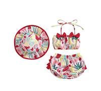 Loalirando Bañador para Bebé Recién Nacida Niña de 3 Piezas con Estampado Top Corto con Tirantes + Braguita de Baño + Sombrero con Lazo, rojo sandía, 0-6 Meses