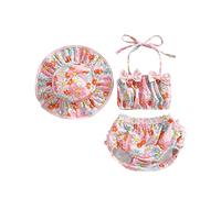Loalirando - Bañador para bebé recién nacido de 3 piezas con estampado de top corto con tirantes + bragas de baño + sombrero con pajarita, Rosa Flores, 12-18 Meses