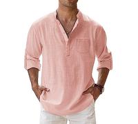 Loalirando Camisa para Hombre, Cuello Mao, Primavera Verano, de Manga Larga o Manga Corta, Casual, Descontracturada, de Lino, S