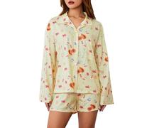 Loalirando - Conjunto de pijama para mujer suelta de 2 piezas con estampado de frutas o flores, top abotonado de manga larga con cuello de solapa + pantalones y pantalones cortos, Amarillo Pantalones