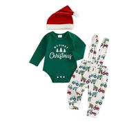 Loalirando Conjunto Navideño para Bebé de 3 Piezas, Body 'My First Christmas', Peto con Estampado, Gorro de Papá Noel, verde, 0-3 Meses