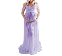 Loalirando Vestido de Embarazo Shooting Foto de Gasa Ligera, Vestido de Maternidad Maxi-Largo Hombro Desnudo para Fotografía, morado, L