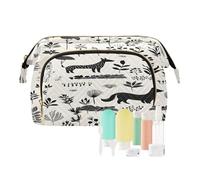 Loancwa Bolsa de cosméticos acolchada con boca de pez para mujer, organizador de maquillaje de viaje de gran capacidad con 9 botellas de viaje, bolsa de maquillaje de boca abierta, bolsa de aseo de