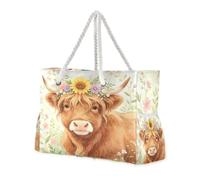 Loancwa Bolsa de lona ligera y resistente al agua con diseño de vaca de las tierras altas para mujer, estilo acuarela, grande, casual, para escapadas de fin de semana, compras, viajes diarios a la