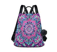 Loancwa Mochila bohemia con estampado de mandala para mujer, 17 L - 290 poliéster, mochila casual con cremallera trasera antirrobo, asa de cuero y llavero de bola de felpa para viajes, compras al aire