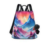 Loancwa Mochila china con patrón de montaña de tinta Feng Shui para mujer, 17 L - 290 Sarga de poliéster, mochila casual con cremallera trasera antirrobo, asa de cuero y llavero de bola de felpa para