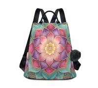 Loancwa Mochila para mujer, estilo acuarela, diseño floral, mandala, 17 L - 290, sarga de poliéster, mochila casual con cremallera trasera antirrobo, asa de cuero y llavero de bola de felpa para