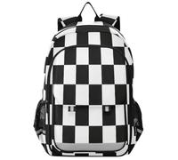 Loancwa Mochila unisex para niños con patrón de cuadrícula circular en blanco y negro, mochila de día para escuela primaria con compartimento para laptop y bolsillos organizadores