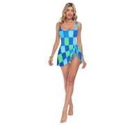 Loancwa Patrón de rejilla circular verde falda desmontable de una pieza traje de baño traje de baño de una pieza con lazo lateral, Flowery 60s 70s Aesthetic, M
