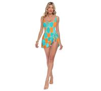 Loancwa Traje de baño de una pieza con patrón de cuadrícula circular naranja para mujer, falda desmontable, traje de baño con lazo lateral, Flowery 60s 70s Aesthetic, Large