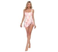 Loancwa Traje de baño de una pieza con patrón de rejilla circular para mujer, falda desmontable, traje de baño con lazo lateral, Flowery 60s 70s Aesthetic, XL