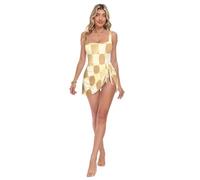 Loancwa Yolk - Traje de baño de una pieza con patrón de cuadrícula circular para mujer, falda desmontable, traje de baño con lazo lateral, Flowery 60s 70s Aesthetic, XL