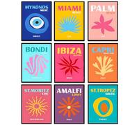 LOARTVE 9 piezas de impresiones artísticas de pared de viaje preppy coloridas abstractas estéticas para decoración de habitación, pósteres de lona de moda para adolescentes y niñas, dormitorio,