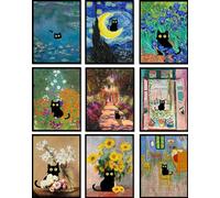 LOARTVE 9 piezas divertidas de gato negro para pared, diseño de gatos en pinturas famosas, pósteres, impresiones vintage, decoración de pared, imágenes eclécticas, lindas y estéticas, sin marco