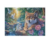 Lobo Adulto y su Cachorro sobre una Roca al Borde del Arroyo Forestal Puzzle 300 Piezas Estera Portátil 3D Rompecabezas Familiar para Hombres Y Mujeres Aliviar Estrés Decoración Hogar 300 PCS
