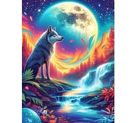 Lobo Aullando a la Luna Under A Fiery Sky Puzzles 1000 Piezas Aliviar Estrés Familiar Planta Silvestre Rompecabezas para Adultos Desafío Intelectual 3D DIY Creativo Decorativo 1000 PCS