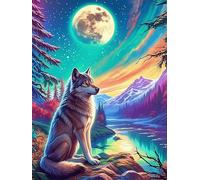 Lobo Aullando a Luna Llena Puzzles 1000 Piezas Obra De Arte Decorativa Animales Salvajes y domésticos Rompecabezas Familiar para Adultos DIY Creativo Aliviar Estrés Portátil 1000 PCS