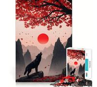 Lobo aullando bajo el sol rojo y un árbol Rompecabezas para adultos de 1000 piezas Juego de memoria mental Manualidad de corte de alta precisión Tiempo de relajación Ejercicio mental en casa (50x75cm)