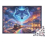 Lobo Azul Fantasía Puzzle para Adultos Puzzle de 1000 Piezas Estación de Tren Cielo Nocturno Relajación Atención Decoración Regalo 70x50cm/1000pcs