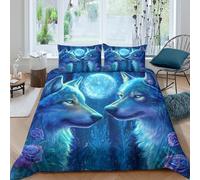 Lobo Azul Funda De Edredón 3D,Rose Starry Sky Completo Moon Juegos De Ropa De Cama Microfibra, Impresas De con Funda De Almohada 3 Piezas Niño Niña King（220x240cm）