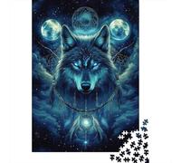 Lobo Azul Místico Puzzle de 1000 Piezas Papel para Adultos Noche con Lunas Juego de Puzzle 1000 Piezas Relajante Decoración Hogar 38x26cm/1000pcs