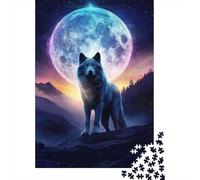 Lobo bajo Luna Llena Puzzle de 1000 Piezas para Adultos Cartón Noche Escena Natural Decoración Regalo Familia 52x38cm/1000pcs
