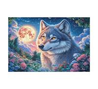 Lobo bajo una Luna Gigante en la Noche de Flores Estrellada Puzzle 1000 Piezas Desafío Impossible Extremo Rompecabezas para Adultos Aliviar Estrés Decoración Hogar 3D Maquetas Construir 1000 PCS