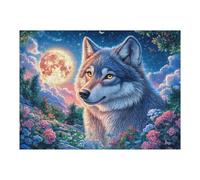 Lobo bajo una Luna Gigante en la Noche de Flores Estrellada Puzzles 500 Piezas Maquetas 3D Construir Rompecabezas Educativo para Familia Desafío Intelectual Decoración Hogar Moderno 500 PCS