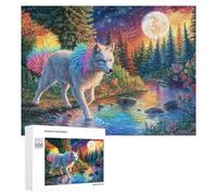 Lobo Blanco con Cola de Arco Iris en Lago de Noche Floral Puzzle 500 Piezas para Familia Noche De Puzzle Resolución De Problemas Regalo para Unión Familiar 500 PCS