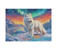 Lobo Blanco con símbolos mágicos, una montaña y una Aurora Puzzles 300 Piezas Estera Portátil Familiar Grande Rompecabezas para Adultos Aliviar Estrés 3D Maquetas Construir DIY Moderno 300 PCS
