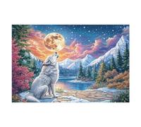 Lobo Blanco sobre un Camino de Piedra con el Lago a la luz de la Luna Puzzle 1000 Piezas Colorido Vibrante Rompecabezas para Adultos Obra De Arte Familiar Estera Portátil DIY Creativo 1000 PCS