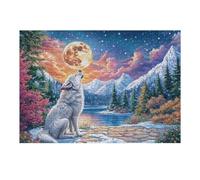 Lobo Blanco sobre un Camino de Piedra con el Lago a la luz de la Luna Puzzles 300 Piezas Decorativo Coleccionable Obra De Arte Rompecabezas Familiar para Adultos Desafío Avanzado DIY Creativo 300 PCS