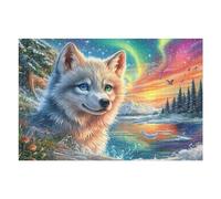 Lobo Colorido en el Lago bajo la Aurora Boreal Puzzle 1000 Piezas Cartón Grueso para Coleccionistas Eventos Team Building para Relajarse Regalo Aniversario 1000 PCS
