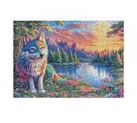 Lobo Colorido sobre un Camino en el Campo de Flores Puzzle 300 Piezas Relajante Premium Rompecabezas para Hombres Y Mujeres Estera Portátil 3D Decoración Hogar Duradera 300 PCS