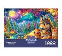 Lobo con Cachorros, pájaro, Luna y Aldea de Hadas Puzzle De 1000 Piezas Lobo Fresco Puzzles Clásicos para Todas Las Edades 70x50cm/1000pcs
