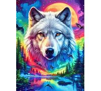 Lobo con Pelo de Arcoíris Bajo las Auroras Boreales Rompecabezas 1000 Piezas Cartón Para Mayores Planta de Vida Silvestre Terapia Ocupacional Regalo Corporativo Garantía Satisfacción Regalo Reyes Mago