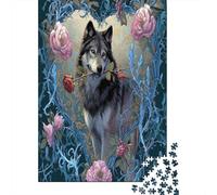 Lobo con Rosa Rompecabezas para Adultos |Ilustración artística fantástica| 52x38cm/1000pcs Juegos EduGatoivos De Decoración del Hogar