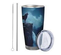 Lobo con tapa y vaso de pajita, naturaleza, noche, cielo, montaña, luna, bosque, cascada, nube, pájaro, árbol, gris, azul, aislado, metal, no se derrama, escuela, universidad, guardería, sin tallo