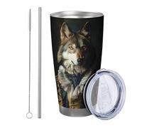Lobo con tapa y vaso de popote, lujoso, divertido, novedoso, animales, vintage, diseños artísticos, de moda, gris, amarillo, aislado, metal, no se derrama, escuela, universidad, guardería, sin tallo