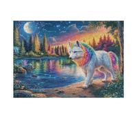Lobo de Crin arcoíris al Borde del Lago a la luz de la Luna en el Bosque Puzzle 300 Piezas Obra De Arte Familiar Rompecabezas 3D para Hombres Y Mujeres Juguete Educativo Desafío Intelectual 300 PCS