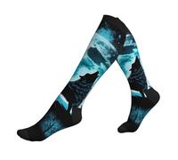 Lobo De Luna Llena Azul Calcetines Altos Largos 50Cm Deporte Calcetines De Viaje Deportivos Medias Compresion Para Maternidad Soporte Fitness