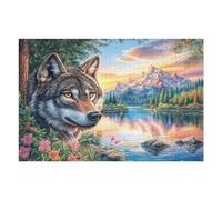 Lobo detrás de un árbol al Borde del Lago con Picos nevados Puzzles 1000 Piezas Desafío Nivel Difícil Rompecabezas para Adultos Aliviar Estrés Decoración Hogar DIY Moderno Portátil 1000 PCS